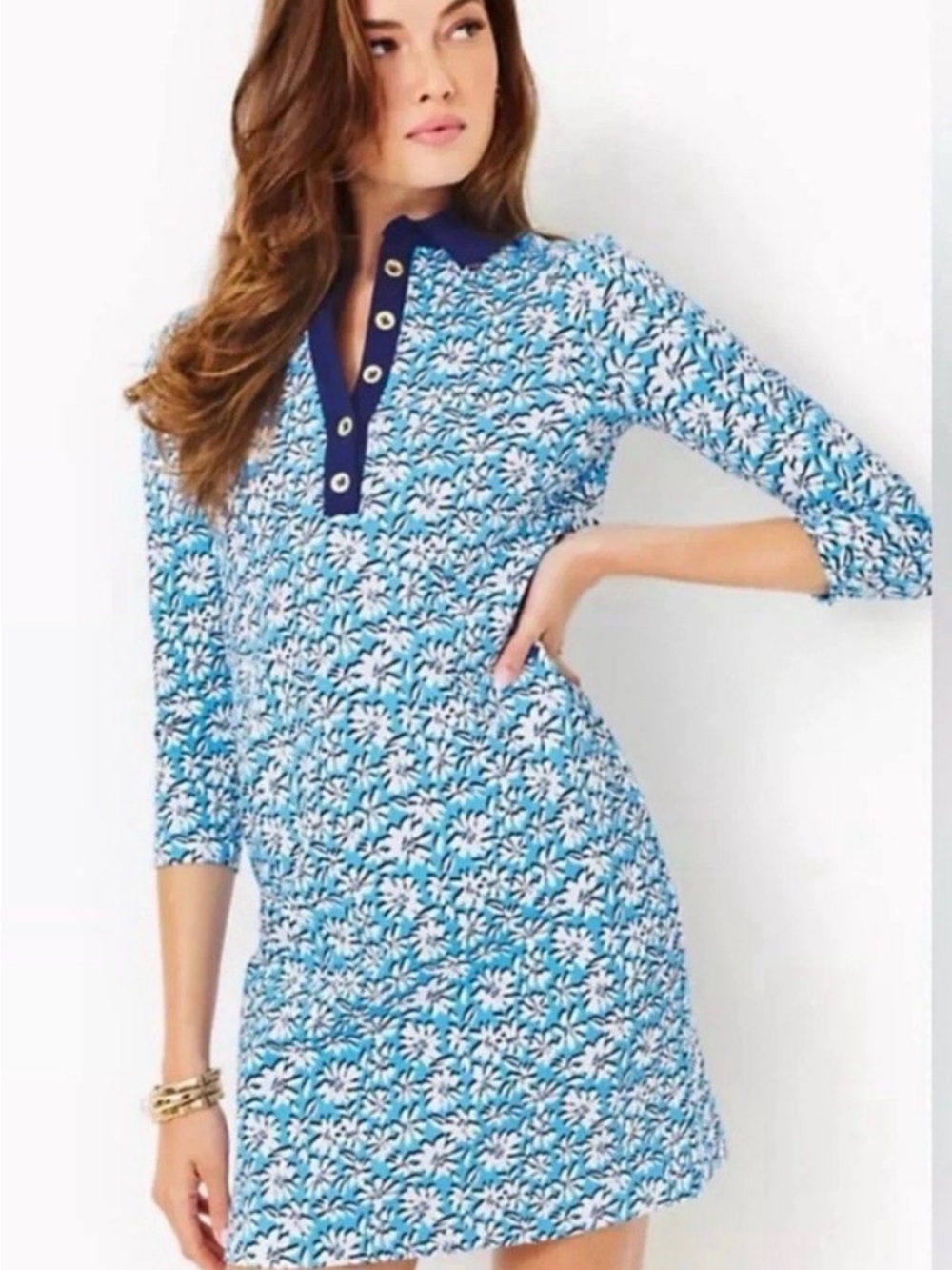 Lilly Pulitzer Ainslee 3/4 Sleeve Dress Luna Blue Palm Beach Petals, sz L, NWT